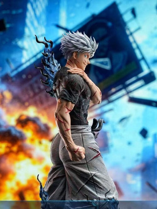 Side view of Satoru Gojo's smiling face, shoulder-resting hand and lowered fist against a promotional city backdrop.