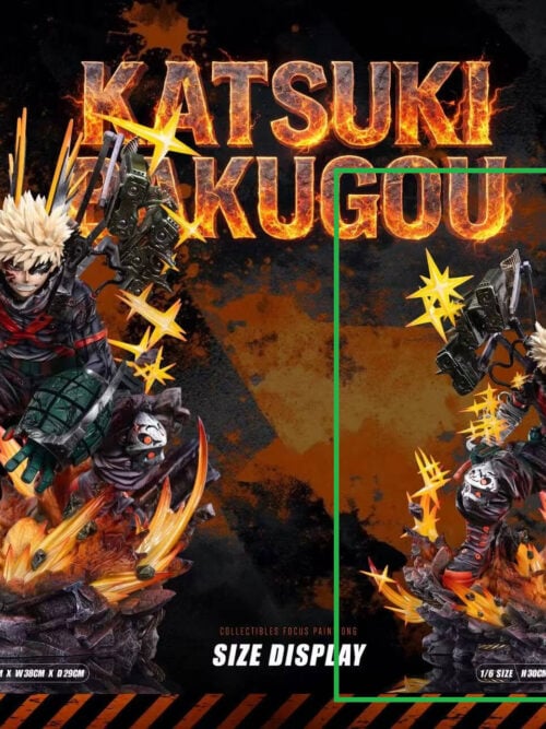 Katsuki Bakugo size comparison with a green outline highlighting the 1/6-scale option on the right, measuring H30 × W25 × D19 cm.