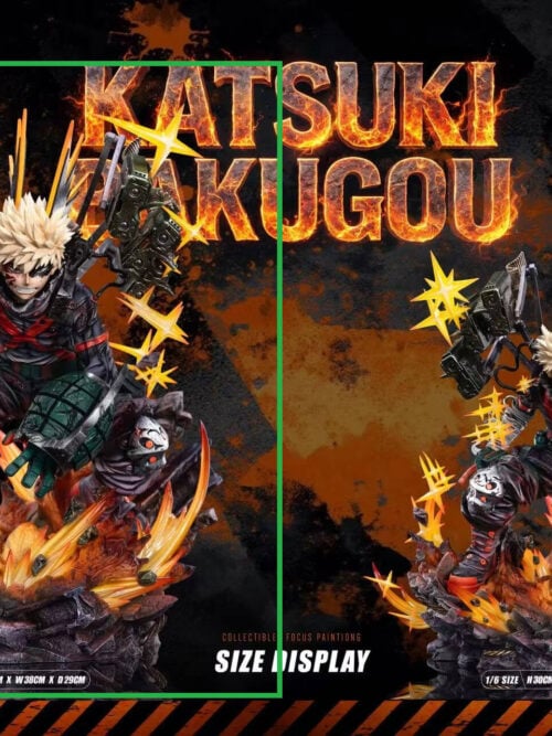 Katsuki Bakugo size comparison with a green outline highlighting the 1/4-scale option on the left, measuring H45 × W38 × D29 cm.