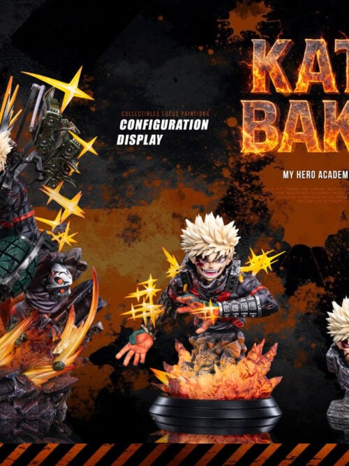 Katsuki Bakugo configuration display with the main statue, an alternate upper body on a stand and two separate portrait displays.
