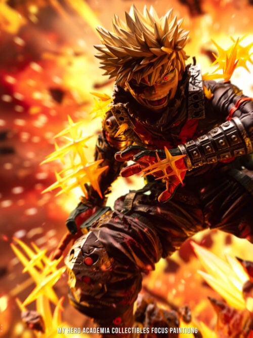 Katsuki Bakugo with an open-mouthed grin and one hand across his chest, surrounded by yellow starbursts against a fiery promotional backdrop.