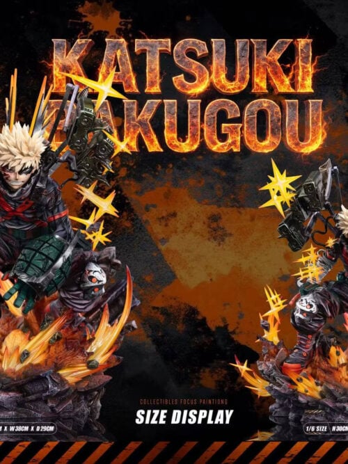 Size comparison showing Katsuki Bakugo at 45 cm high in 1/4 scale on the left and 30 cm high in 1/6 scale on the right.
