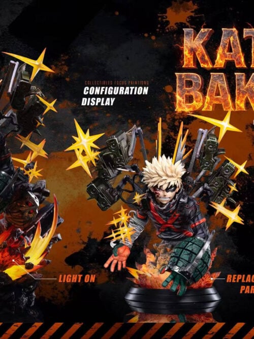 Katsuki Bakugo guide showing the main statue with its blast base lit and two alternate upper-body arrangements on display stands.