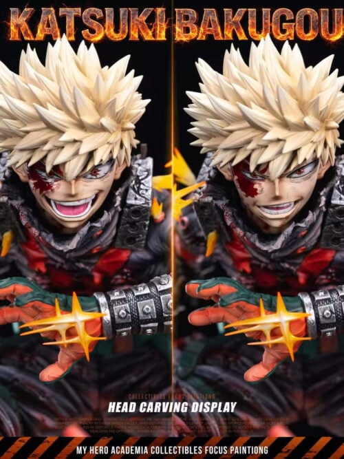 Four interchangeable Katsuki Bakugo portrait heads shown side by side, with different expressions and one damaged black eye mask.
