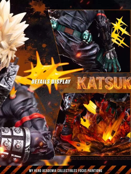 Katsuki Bakugo detail collage showing an open-mouthed portrait, torn costume, belt accessories, knee armor and orange blast base.