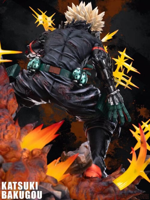 Rear view of Katsuki Bakugo showing torn black clothing, green belt accessories, an armored forearm and surrounding yellow starbursts.