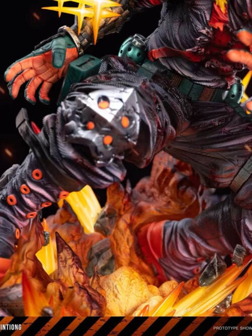 Detail view of Katsuki Bakugo's torn trousers, silver-colored knee armor, orange-soled boots and open gloves above the blast base.