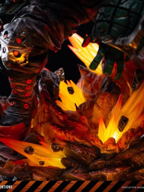Close-up of the illuminated orange blast effects and broken rubble beneath Katsuki Bakugo's boots and armored knees.