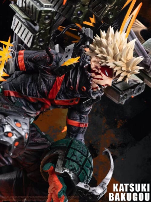 Side-profile close-up of Katsuki Bakugo with blood across his face, torn black-and-red costume and a green armored gauntlet.