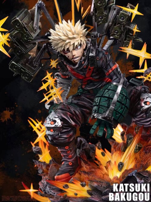 Katsuki Bakugo statue close-up with a bloodied face, green grenade-shaped gauntlet, yellow starbursts and orange blasts.