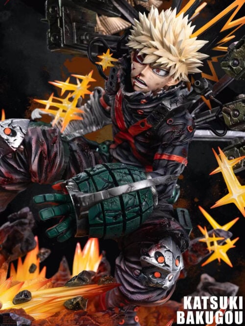Angled close-up of Katsuki Bakugo's bloodied face, spiky blond hair and green grenade-shaped gauntlet amid yellow effects.