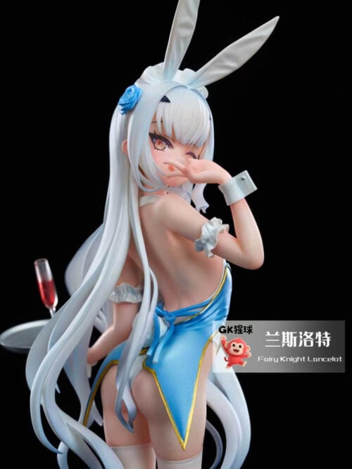 Close-up of Melusine's winking face, raised hand, blue rose hair ornament and white rabbit ears, with a Fairy Knight Lancelot label.