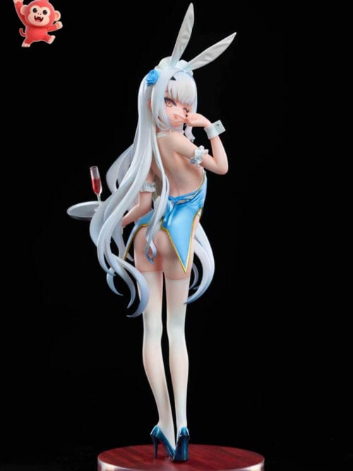 Full-length view of Melusine looking over her shoulder in a blue-and-white bunny outfit, holding a drinks tray on a round reddish-brown base.