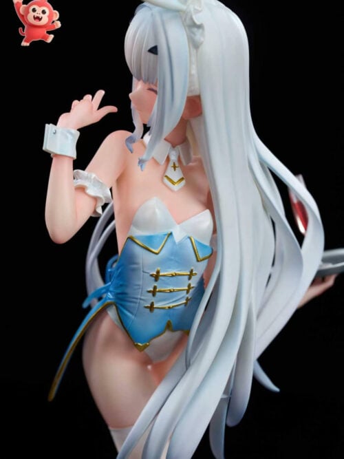 Front three-quarter close-up of Melusine showing her blue-and-white outfit with gold fastenings, white necktie and long pale hair.