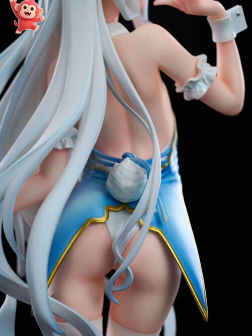 Rear costume detail showing Melusine's white rabbit tail, blue ribbons, gold-trimmed panels and long curling pale hair.