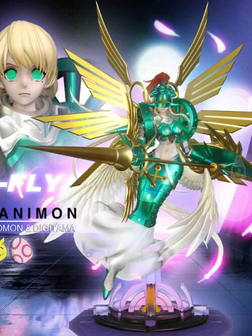 Ofanimon with a gold lance, teal armor and purple base, beside an enlarged alternate portrait and Nyaromon and DigiEgg illustrations.
