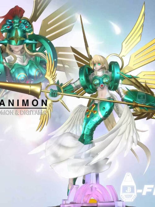 Ofanimon with a blonde alternate head, gold lance and white feathered wings, beside an enlarged helmeted portrait.