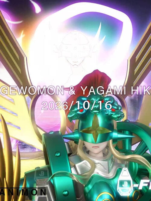 Close-up of Ofanimon's teal helmet and gold wings with an Angewomon and Yagami Hikari overlay dated October 16, 2026.