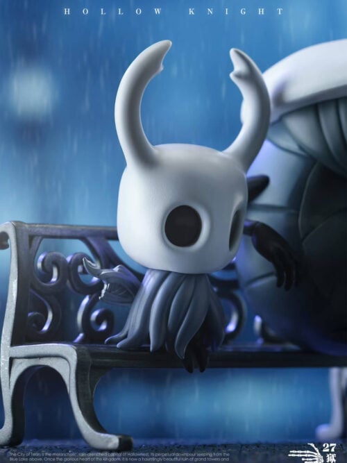 Close-up of the Knight's white horned head and folded cloak on the bench, with part of Quirrel visible beside it.