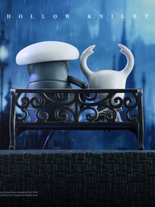Rear view of Quirrel and the Knight seated together, with the bench's curling backrest pattern visible.