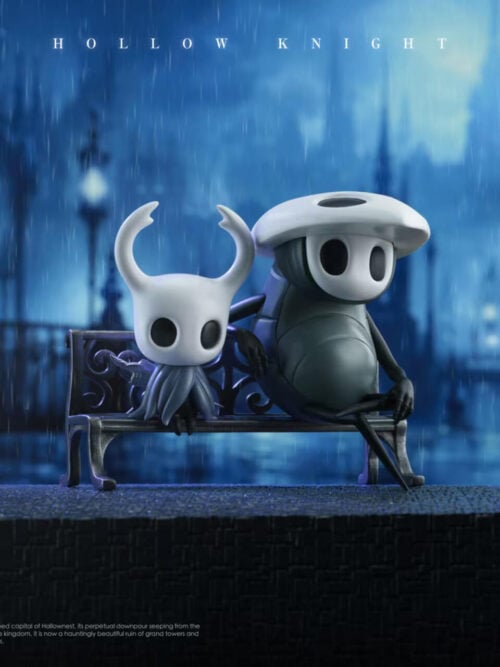 Three-quarter view of Quirrel and the Knight seated on a scrollwork bench, shown on textured paving before a rainy city backdrop.
