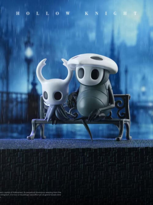 Alternate angled view of the Knight and Quirrel on an ornate bench, showing Quirrel's crossed legs and relaxed arm.