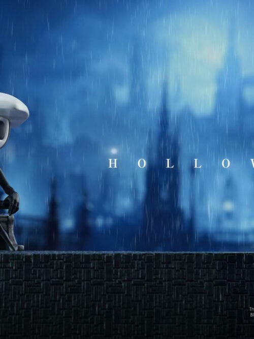 Wide promotional image with Quirrel and the Knight on a bench at left and Hollow Knight lettering over a rainy city scene.