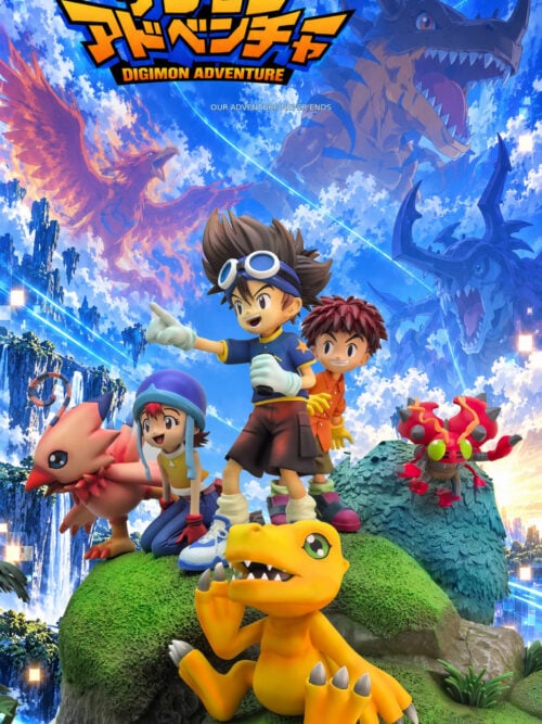 Upper group detail with a goggle-wearing child pointing above a seated yellow Digimon, beside other children and partner Digimon.