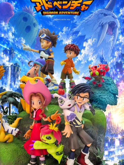 Right-side group detail showing the pink-hatted girl and bespectacled boy with their partner Digimon below the upper rocky tiers.