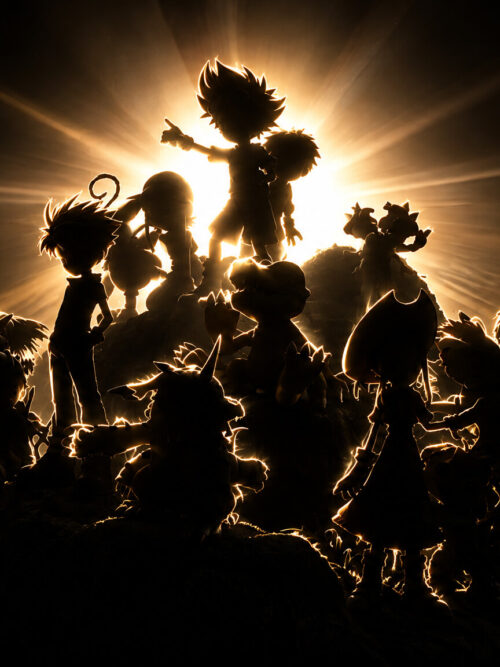 Backlit silhouette of the DigiDestined and partner Digimon group diorama, with golden rays and the Butterfly Studio logo.