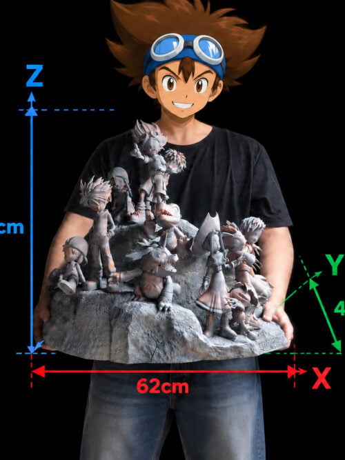 Person holding a gray unpainted group diorama sample, with dimensions marked 57 cm high, 62 cm wide and 46 cm deep.