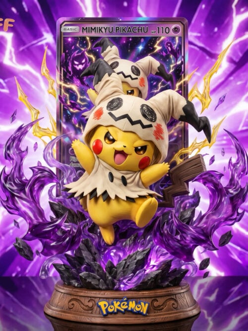 Original Color Pikachu in a Mimikyu costume, with raised arms, purple effects, a card backdrop and an ornate round wood-look base.
