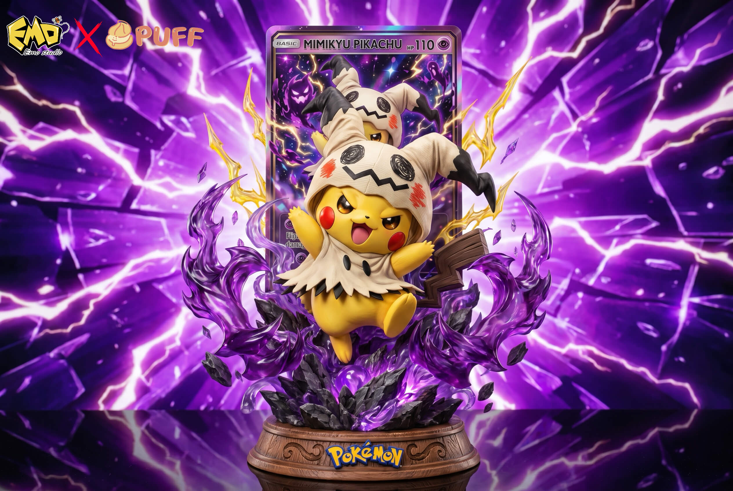 Pikachu Cos Mimikyu Vol. 07 - Original Color Original Color Pikachu in a Mimikyu costume, with raised arms, purple effects, a card backdrop and an ornate round wood-look base.