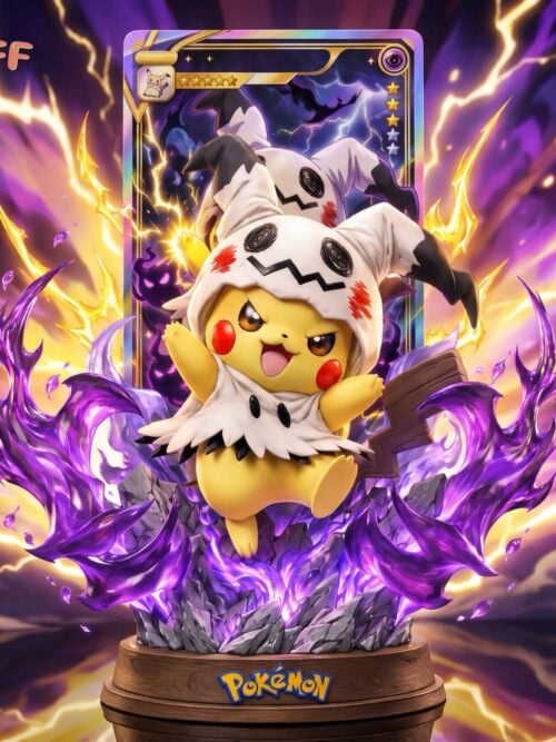 Alternate Color Pikachu in a white Mimikyu costume, surrounded by purple effects and jagged rocks, with a card backdrop and round wood-look base.