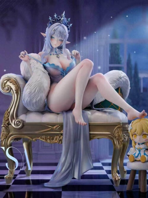 Anastasya seated on a white and gold chaise with lavender drapery, beside chibi Lumine on a stool, with two detail insets.