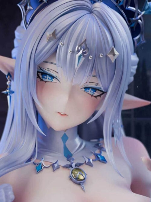 Anastasya face close-up showing blue eyes, pointed ears, pale lavender hair, forehead ornaments and a pendant necklace.