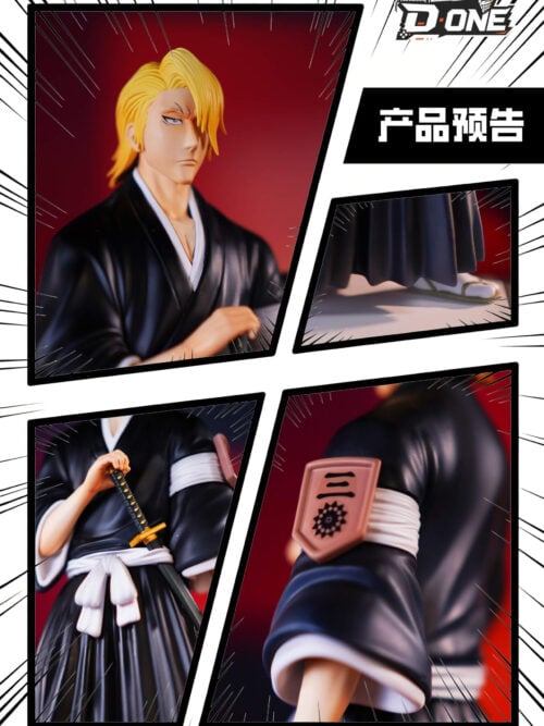 Comic-style four-panel close-up of the D·ONE Studio Izuru Kira statue highlighting his face, sandals, hand on the sword hilt, and Third Division armband.