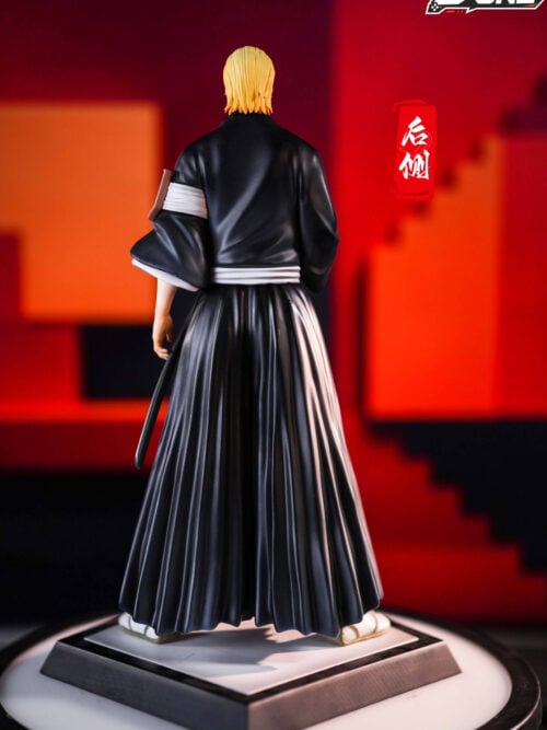 Back view of the D·ONE Studio Izuru Kira 1/6 scale statue showing the pleated folds of his black hakama, white sash, and blonde hair.
