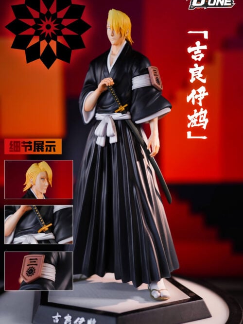 D·ONE Studio 1/6 scale Izuru Kira statue standing on a polygonal base with three inset close-ups of his head, sword hilt, and Third Division lieutenant armband.