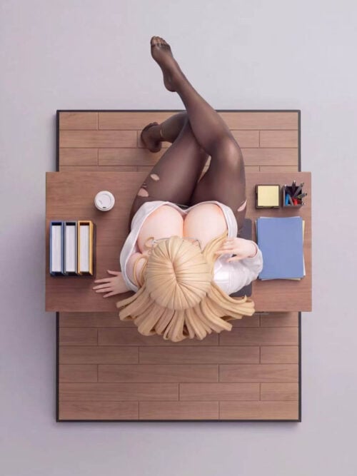 Top-down view of Eva Studio's Implacable Office Accident Ver. figure on the wood-grain floor base, showing the layout of the desk, binders, takeaway coffee cup, folders, sticky notes, and pen holder.
