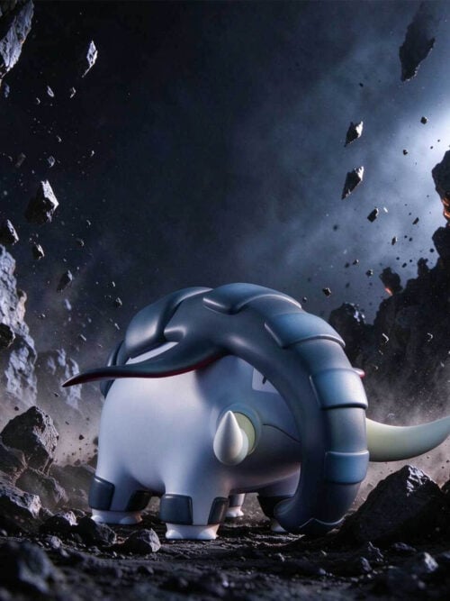 LD Studio 1/10 scale Donphan from Pokémon standing on four legs with dark tire-tread armor and curved ivory tusks against a rocky cave backdrop.