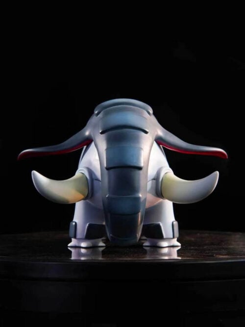 Front view of LD Studio Donphan figure on a black turntable, showing its curled trunk, outward-curving tusks, and narrow ears with dark red undersides.