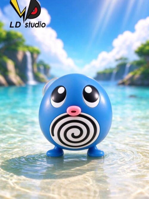 LD Studio 1/10 scale Poliwag resin figure in Original Color blue with black-and-white spiral belly, pink mouth, and translucent tail edge against an outdoor water backdrop.