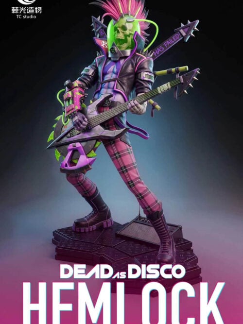 Full view of TC Studio's 1/4 scale Hemlock statue from Dead as Disco standing on a diamond-plate stage base with an amplifier monitor, featuring a skull inside a green dome and a sawblade bass guitar.