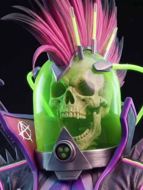 Close-up of the Hemlock statue's head showing a skull encased in a translucent green dome topped with a pink mohawk, glowing green tubes, and spiked shoulder signs reading THE SYSTEM HAS FAILED!