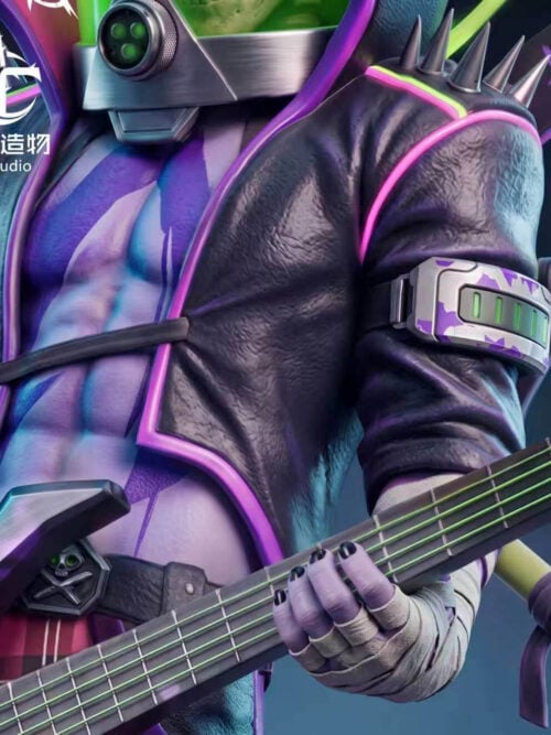 Close-up of the Hemlock statue's upper body showing an open black leather jacket with purple trim, purple-striped torso, skull belt buckle, and bandaged left hand on the bass guitar neck.