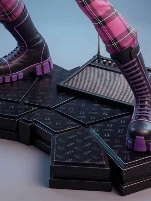 Close-up of the Hemlock statue's black lace-up boots with purple soles standing on a tiered black diamond-plate stage base with a wedge monitor speaker.
