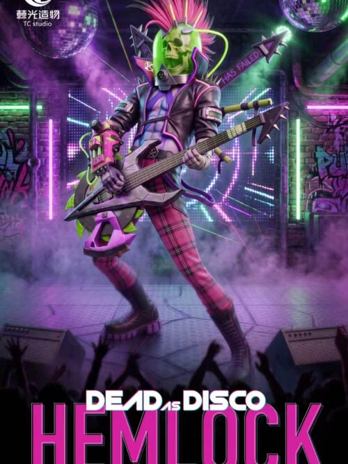 Promotional render of TC Studio's 1/4 scale Hemlock statue from Dead as Disco playing a sawblade bass guitar against an illustrated stage backdrop with disco balls and crowd silhouettes.