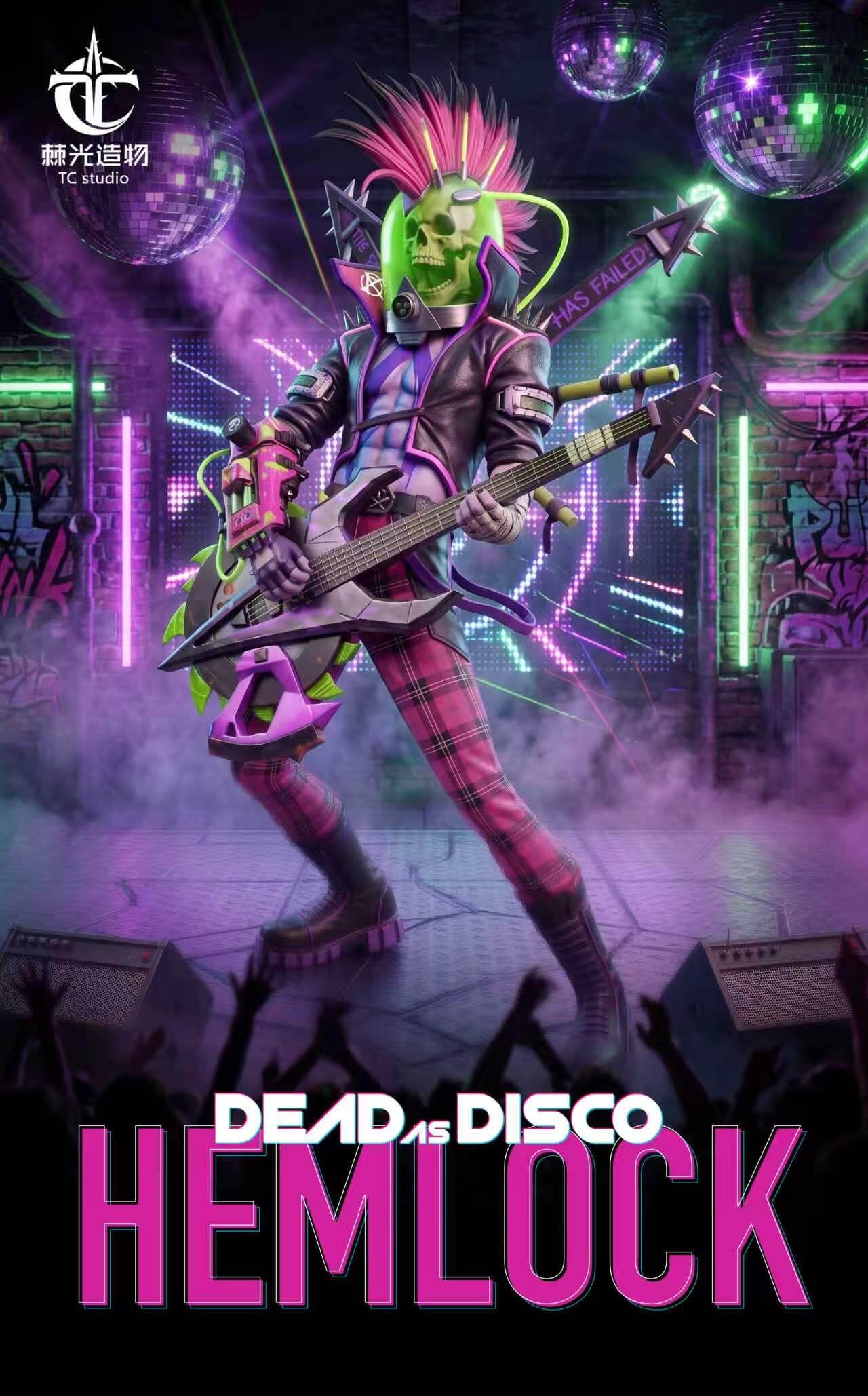 Hemlock - Dead as Disco 1/4 Statue Promotional Poster by TC Studio Promotional render of TC Studio's 1/4 scale Hemlock statue from Dead as Disco playing a sawblade bass guitar against an illustrated stage backdrop with disco balls and crowd silhouettes.