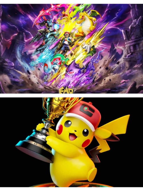 Two-panel composite image showing the full Emo Studio Ash Ketchum Masters Eight main statue above and the bonus trophy-holding Pikachu figure below.